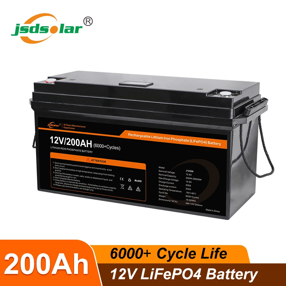 JSD Solar LiFePo4 rechargeable battery with long cycle life, available capacities and voltages for solar-powered boat energy storage.