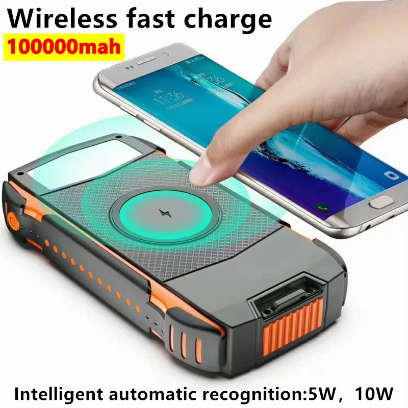 Wireless charging station with high-capacity battery and fast charging capabilities for multiple devices.