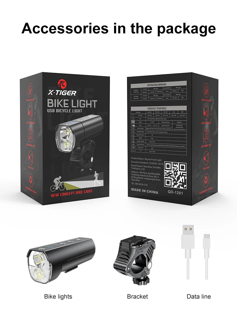 X-TIGER QD-1301 Front Light, X-Tiger Bike Light: USB rechargeable LED flashlights for outdoor mountain bike adventures with 2400 lumens and 6400mAh battery.