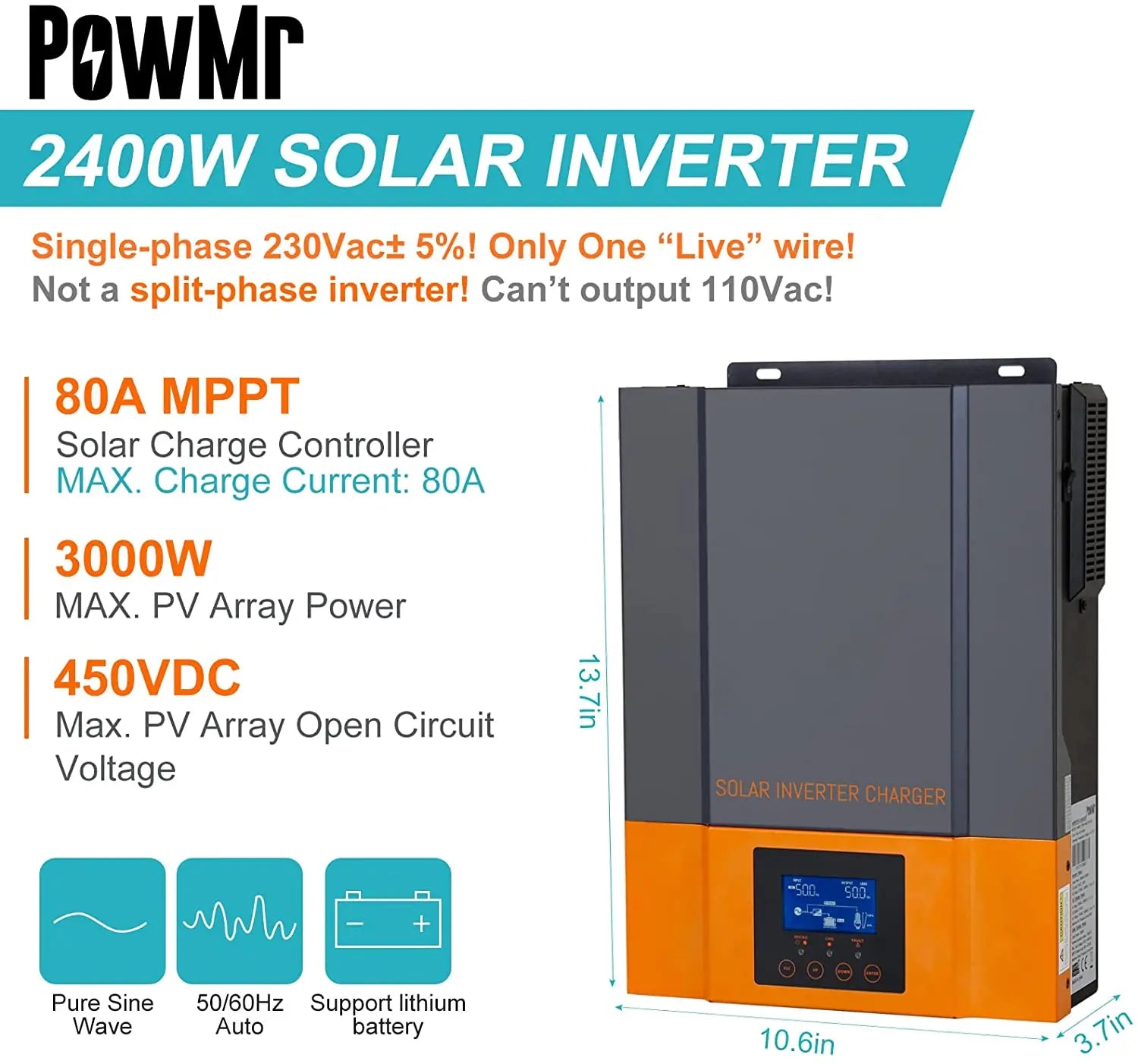 PowMr Hybrid Solar Inverter: 1.5kW single-phase inverter for AC output, features MPPT solar controller and pure sine wave output.