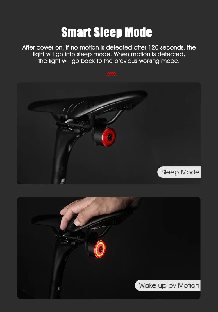 Gaciron LOOP-100 Smart Brake Bike Tail light, Automatically turns off and on with motion detection after 2-minute inactivity.