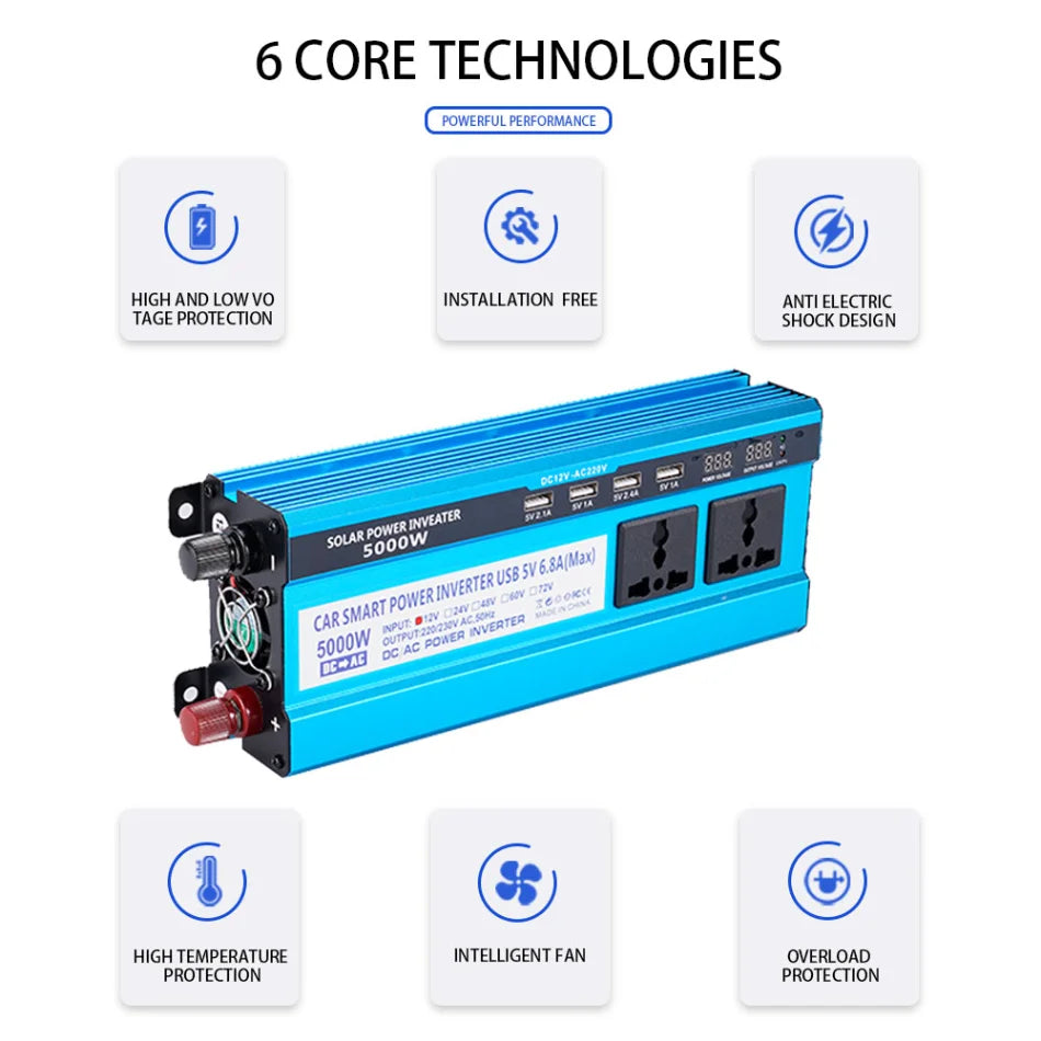5000W Car Inverter, Advanced technology device for car smart systems: safe, efficient energy conversion with solar power and overload protection.