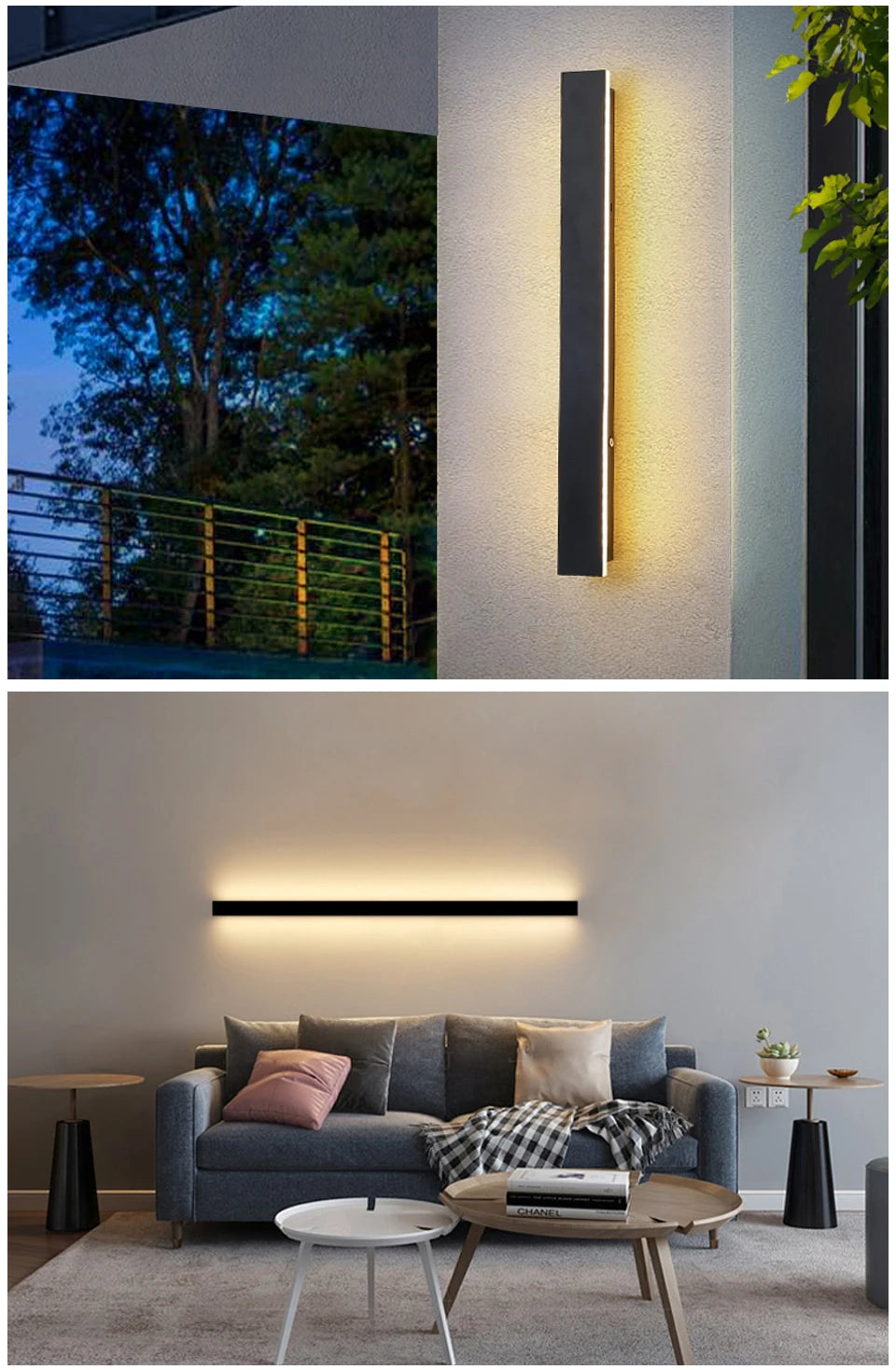 Modern wall lamp with LED light source, IP65 protection, and AC power.