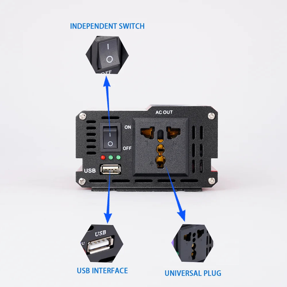 3000W Peak Solar Inverter, Universal power outlet with on/off switch and USB plug for charging devices.