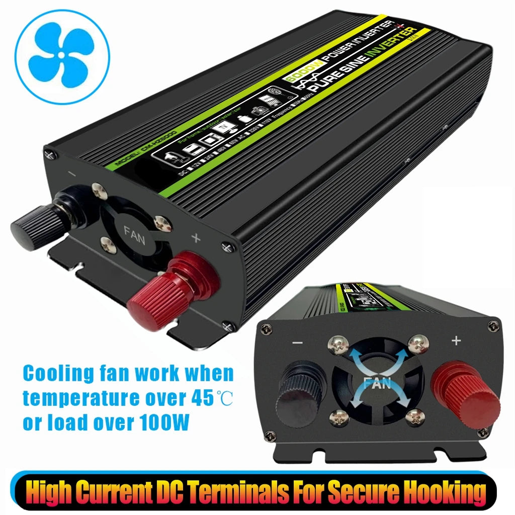 3000W/4000W/6000W Pure Sine Wave Inverter, Overheat protection system: cooling fan activates at 45°C or 10kW load, with secure high-current DC terminal connections.