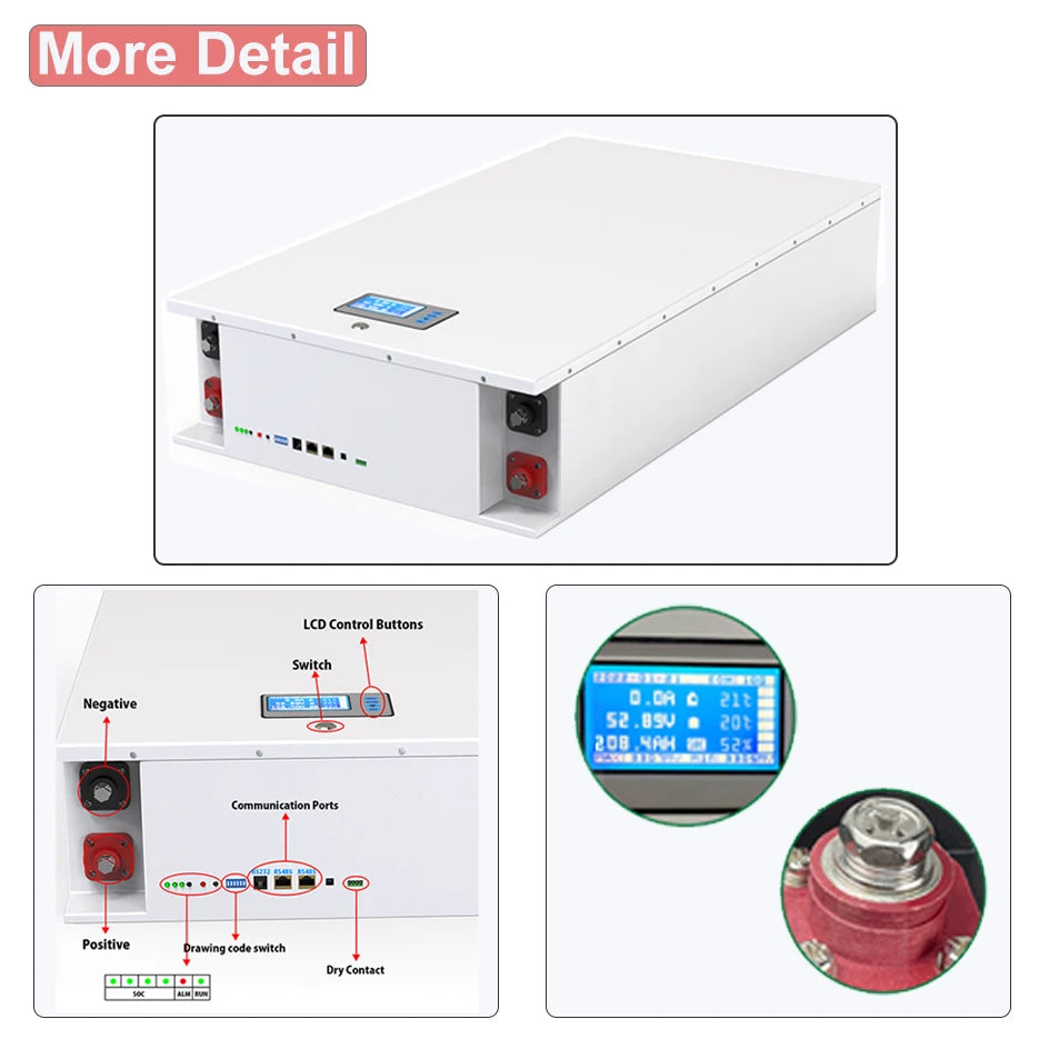 48V 200Ah 10Kw Powerwall, Device features LCD display, control buttons, and multiple communication ports for seamless integration.