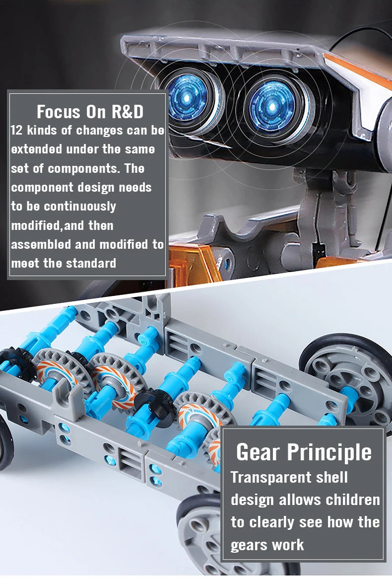 12 in 1 Science Experiment Solar Robot Toy, Explore 12 gear transformations with a DIY kit, learning about interactions through transparent shells.