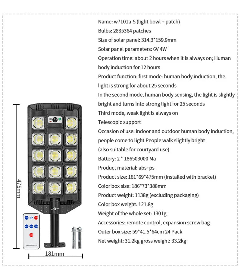15000LM Solar Street Light, Solar-powered street light with motion sensor and three modes, ideal for indoor/outdoor use.