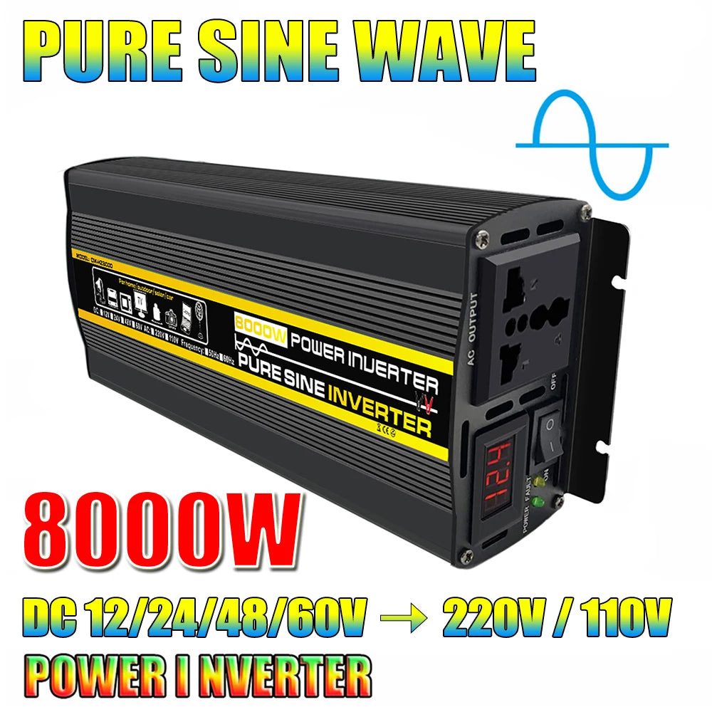 Pure Sine Wave Inverter converts DC to AC 110V/220V with adjustable output powers up to 8000W.