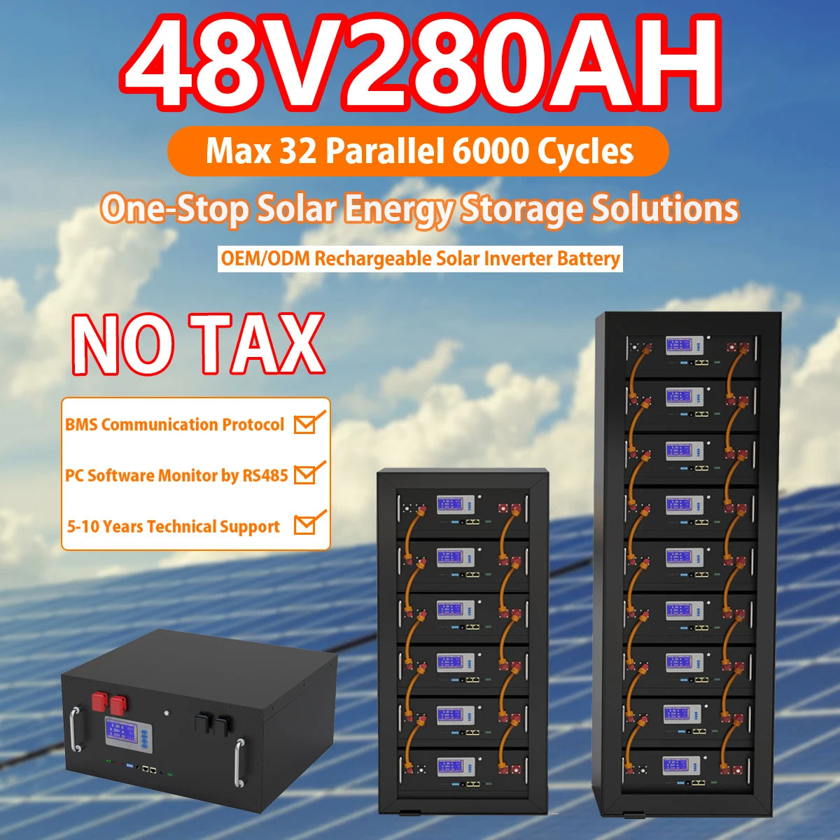 New 48 280Ah LiFePO4 14Kwh Battery, Reliable energy storage with 6000 cycles, parallel connections, and advanced monitoring features.