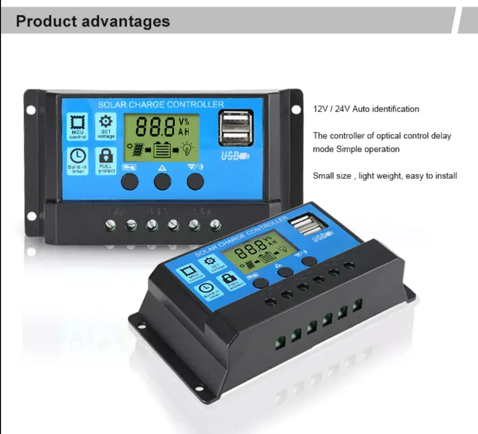 PWM Solar Controller, Compact solar charge controller with auto voltage detection and smooth charging for 12V or 24V systems.