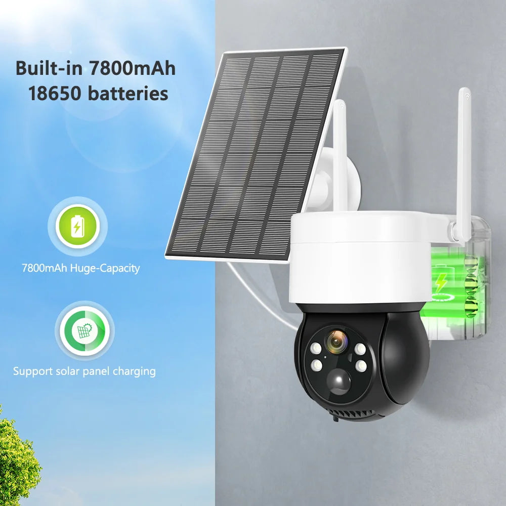 TQ2B - 1080P WiFi Solar Camera, Long-lasting power source with high-capacity 7800mAh 18650 batteries, rechargeable via solar panels.