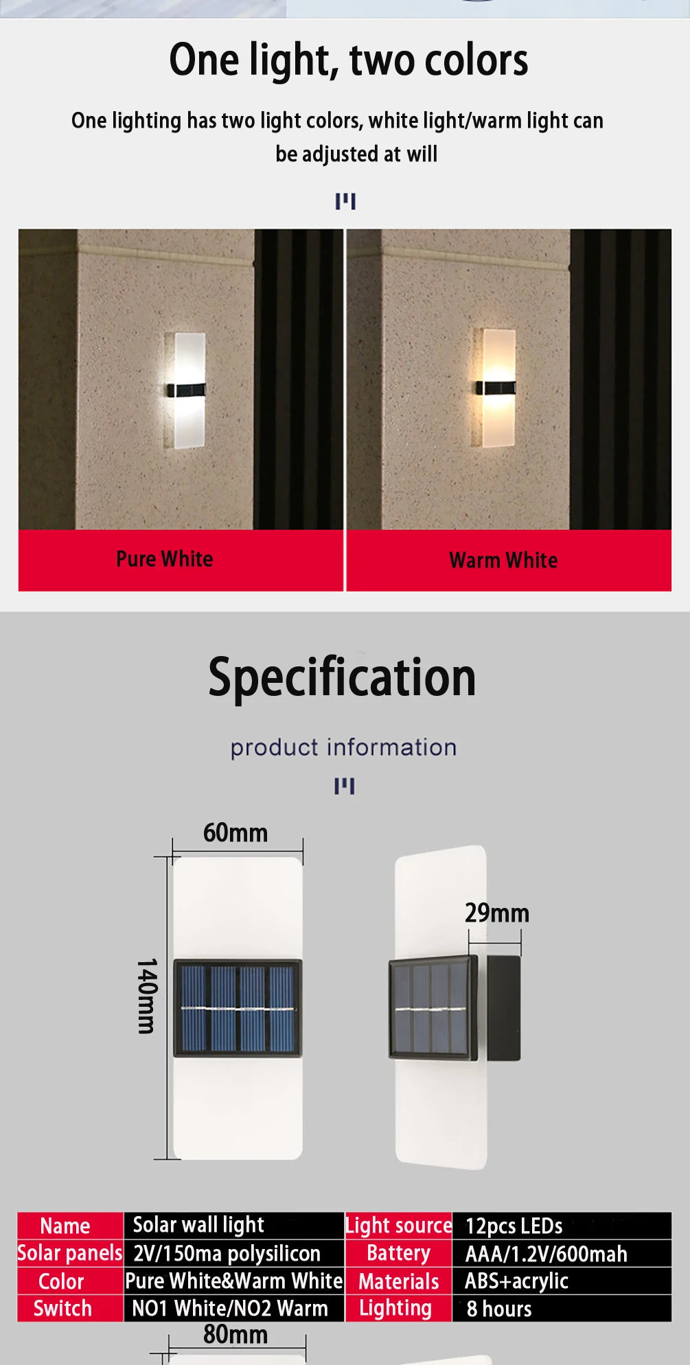 LED Solar Wall Light, Solar wall light with adjustable white/warm settings and long-lasting battery-powered illumination.