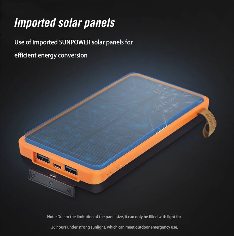 Compact solar power bank charges via SunPower panels in 26 hours under direct sunlight.