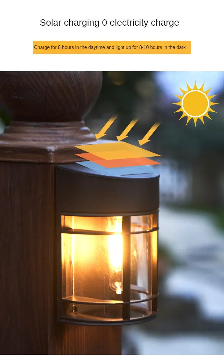 Charges via solar power during the day, then illuminates for 8-10 hours at night.
