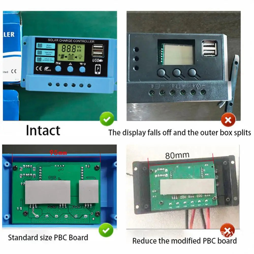 PWM 10A 20A 30A Solar Charge Controller, Solar charge controller with LCD display, dual USB charging, and adjustable output for 12V or 24V solar panels.