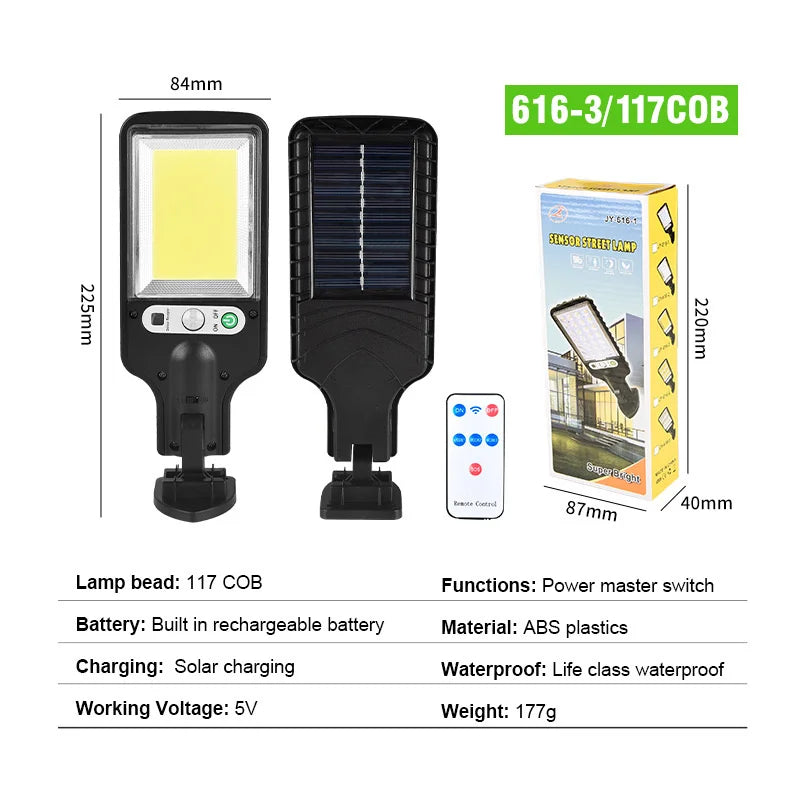 Solar Street Light, Solar-powered street light with motion sensor and adjustable brightness.