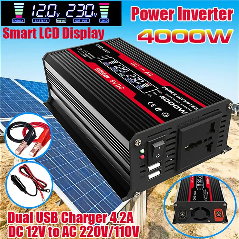 Solar power system with LCD display, smart control, and components for converting 12V DC to 110V or 220V AC.