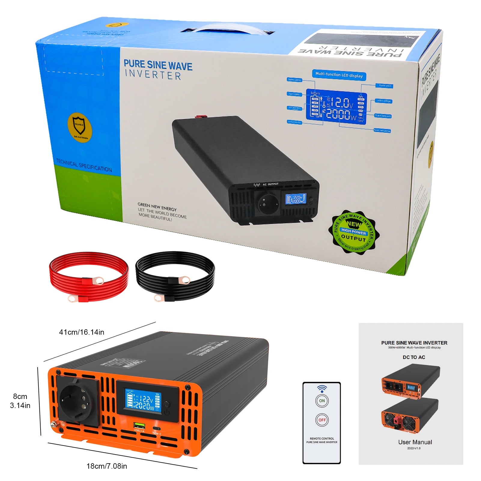 DATOUBOSS Pure Sine Wave Inverter, High-power inverter converting DC to AC power with LCD display and remote control.