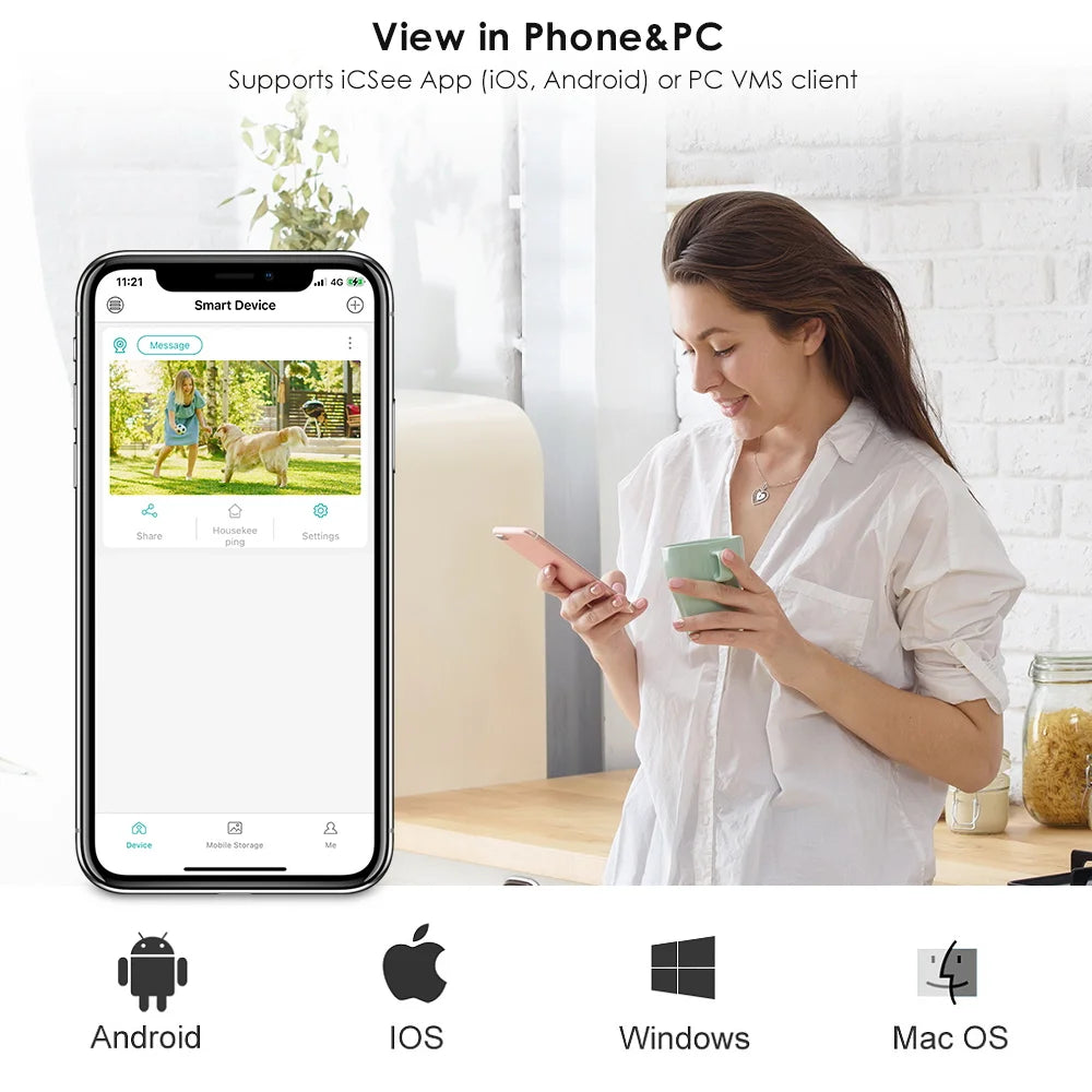 TQ2B - 1080P WiFi Solar Camera, Device compatibility includes iOS, Android, Windows, macOS, and Android via iCSee app.