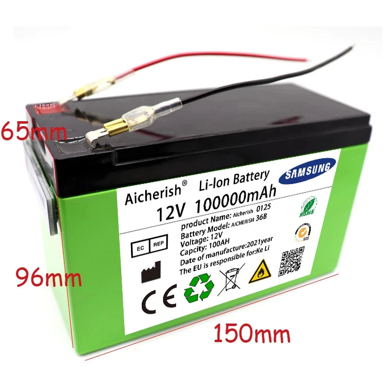 Aicherish 12V 60AH 18650 Lithium Battery, Lithium-ion battery for solar energy and electric vehicles with Samsung design, 60Ah capacity.
