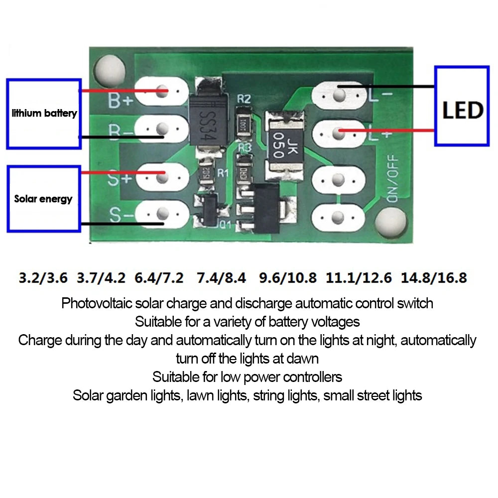 Solar-powered control board for lithium batteries (3.7V, 7.4V, 11.1V), suitable for low-power lighting applications.