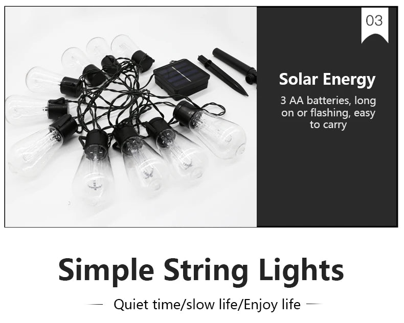 LED Solar String Light, Portable lantern runs on solar or batteries, offering steady or flashing light for outdoor relaxation.
