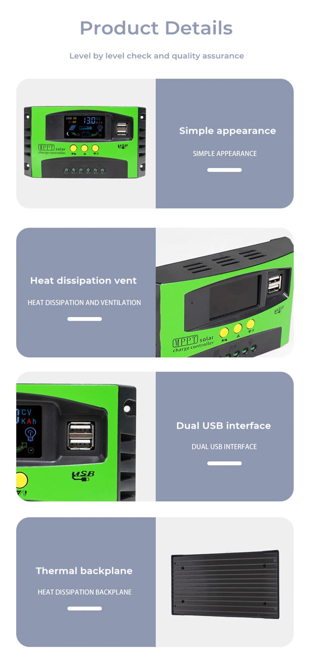 MPPT solar charger controller with dual USB ports and cooling vents for efficient charging.