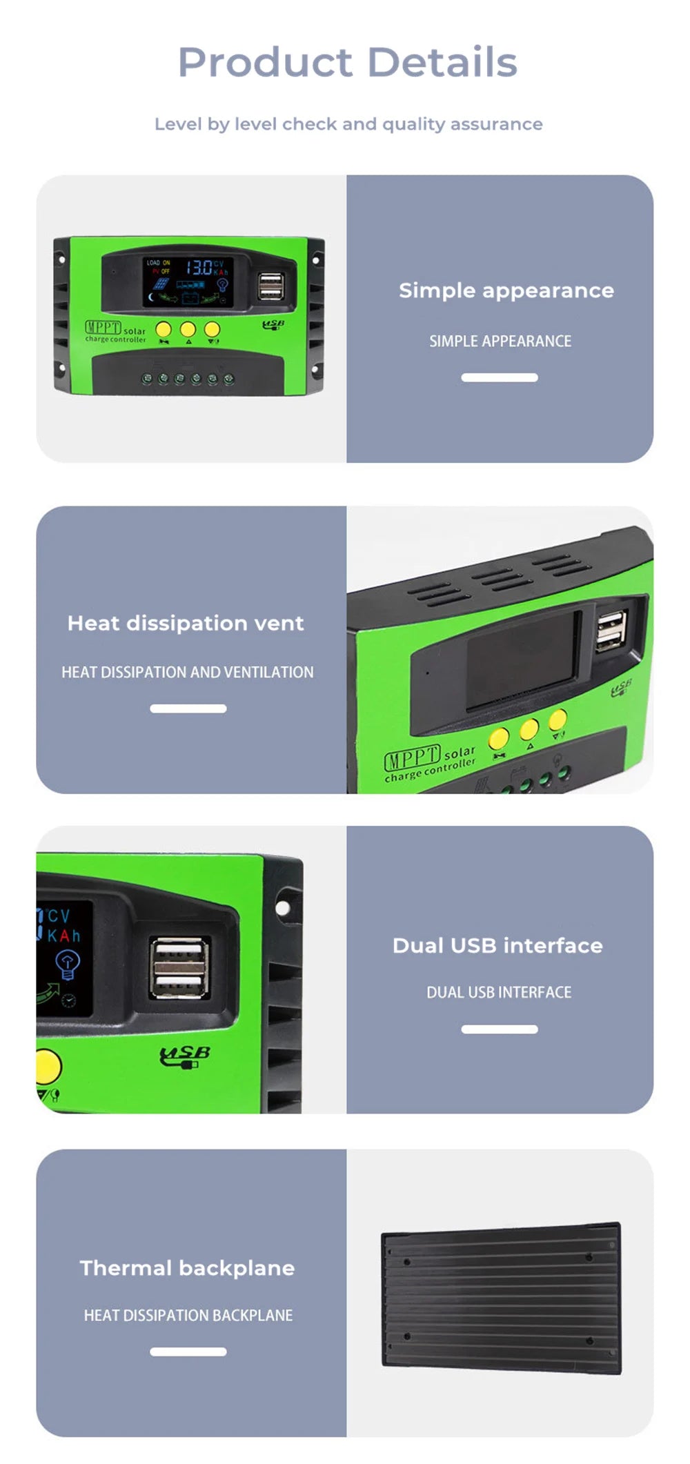 MPPT solar charger controller with dual USB ports and cooling vents for efficient charging.