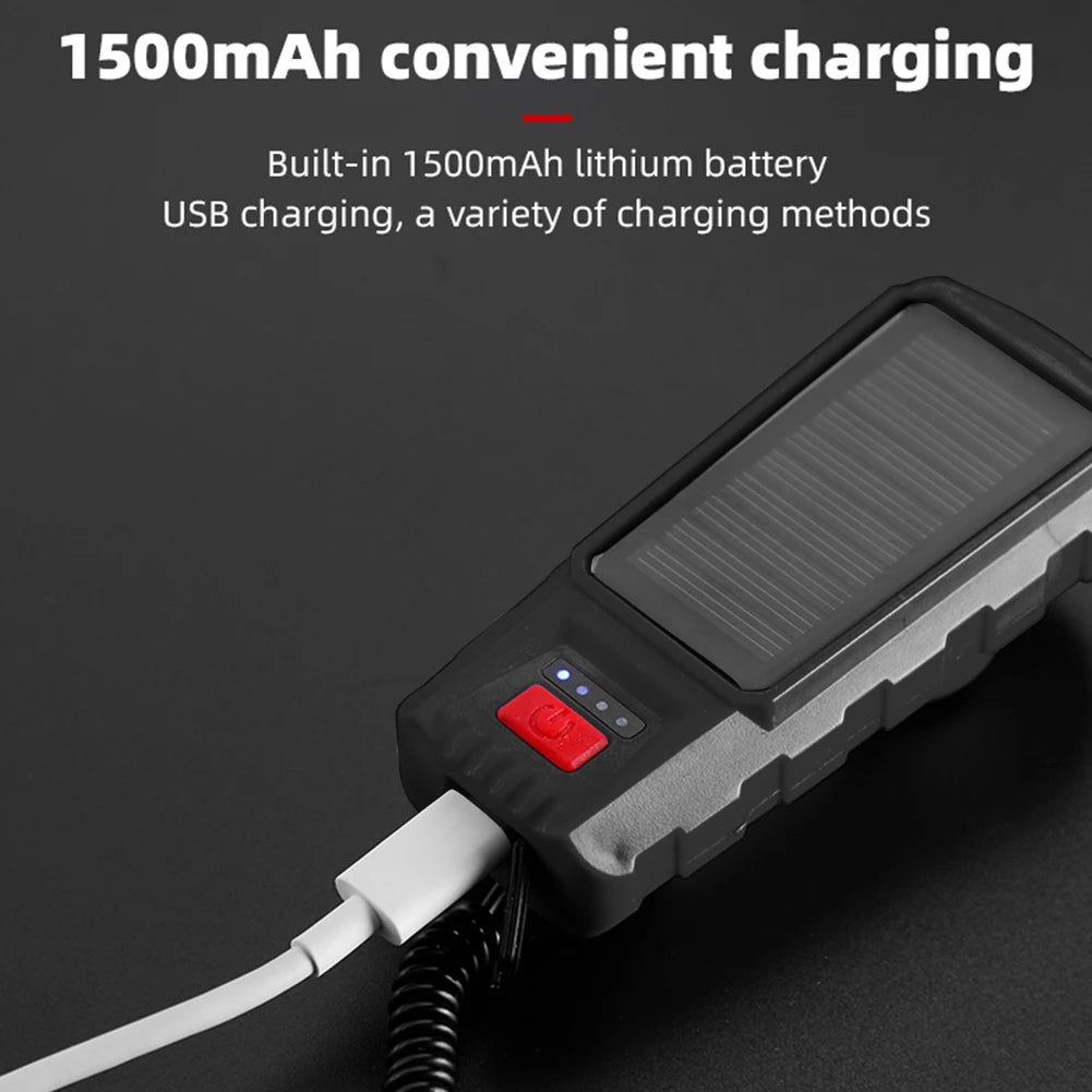 Solar USB Rechargeable Bicycle Headlight, High-capacity lithium battery with USB charging and recharging options for convenient power management.