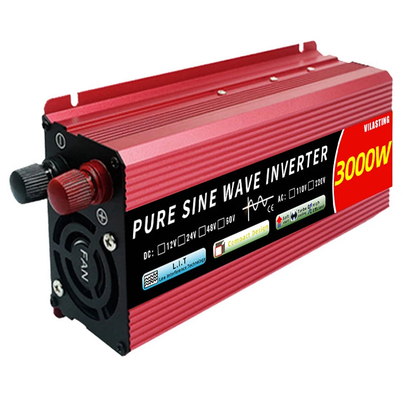 Inverter, Converts 12V DC to AC with pure sine wave output, ideal for camping and outdoor power needs.