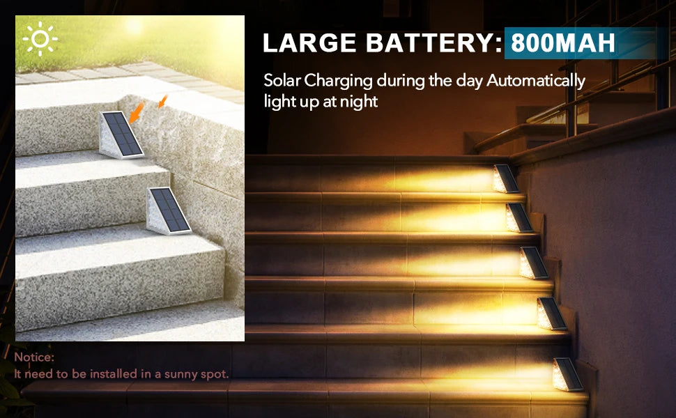 Solar Stair Light, Solar-powered lighting system charges during the day and lights up at night.