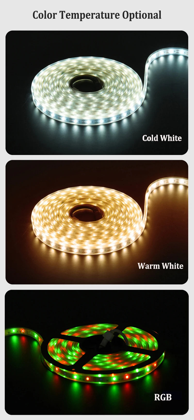 Solar LED Strip Light, Cold white, warm white, or RGB color temperature options available