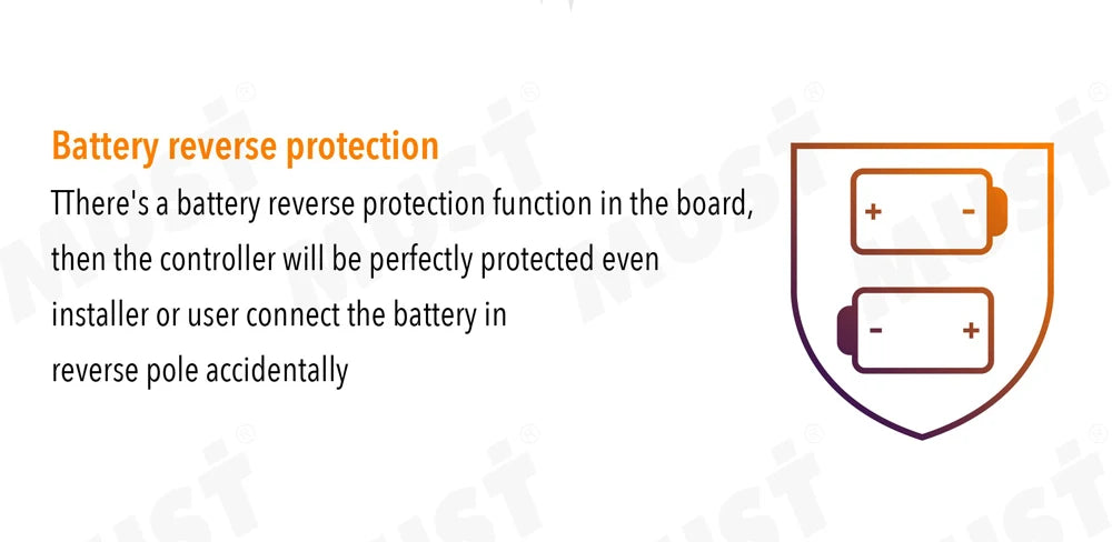 Reverse polarity protection for safe and reliable solar charging.
