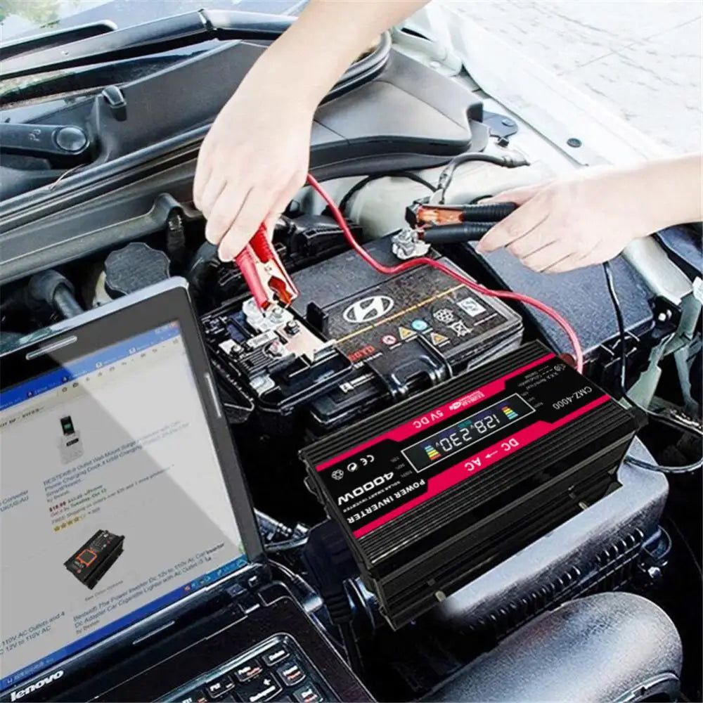 Car Pure Sine Wave Inverter, Displaying real-time power data, this inverter features a cigarette lighter outlet for device charging.