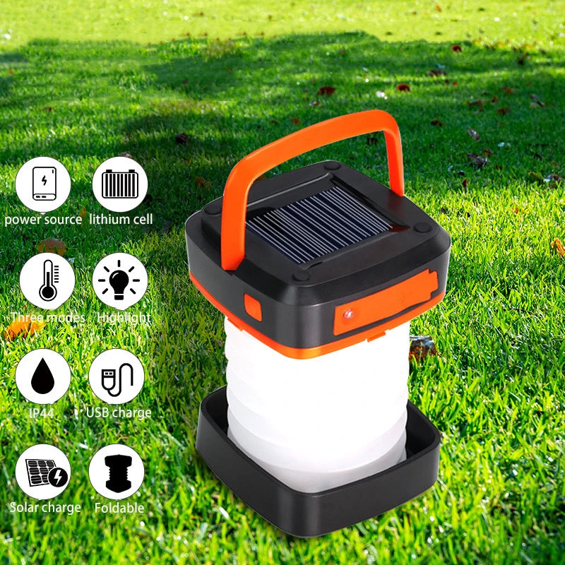 Solar Light, Portable solar-powered lantern with rechargeable battery, USB charging, and waterproof design.