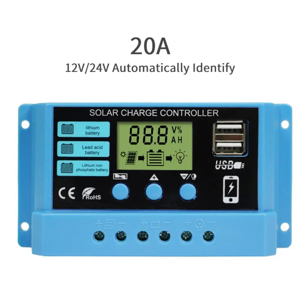 Aubess PWM Solar Charge Controller, Identifies 12V/24V solar charge controllers for Li-ion, Lead-acid, or AGM batteries with USB-C testing.