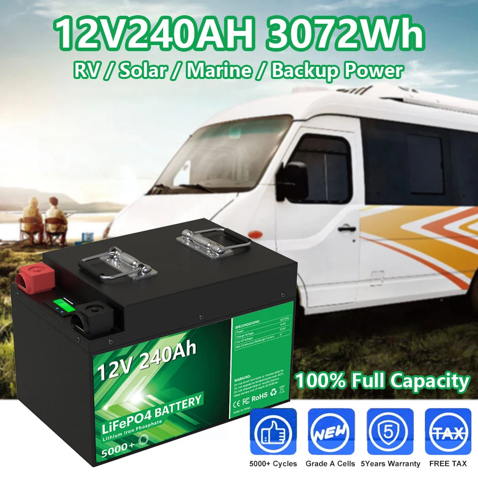 12V 240Ah 200Ah LiFePO4 Battery, High-performance lithium-ion battery pack for RV, solar, and marine use, with 3072Wh capacity and 5,000+ cycle lifespan.