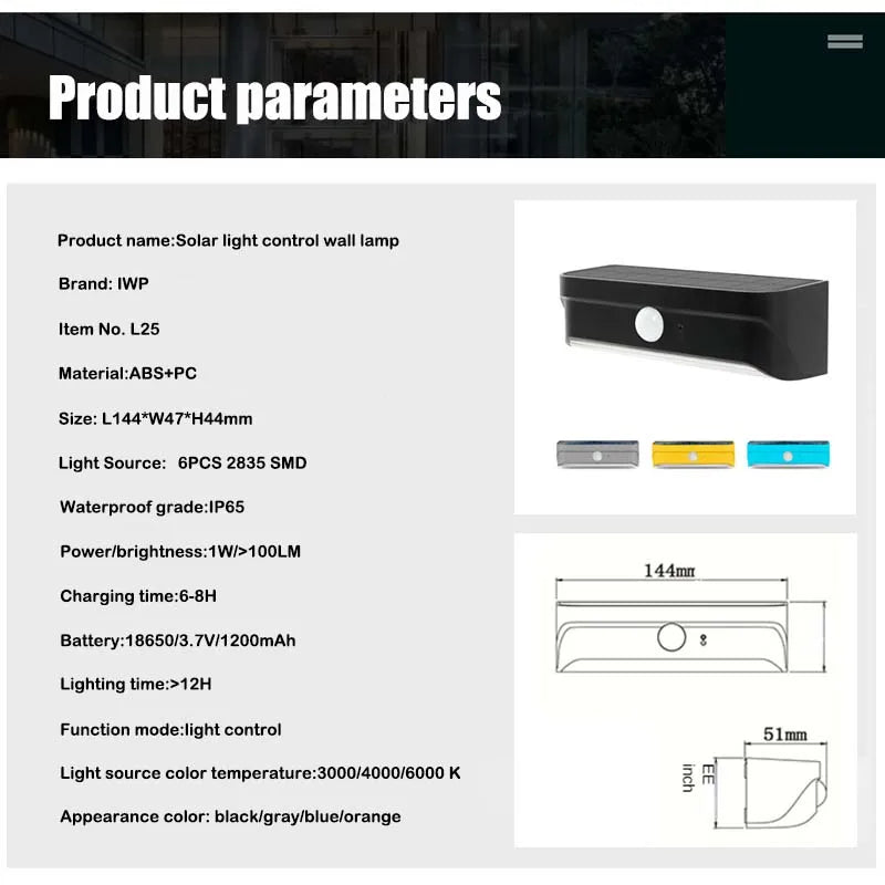 Motion Sensor LED Solar Light, Solar-powered outdoor light with motion sensor and waterproof design for porch, fence, stair, or wall illumination.