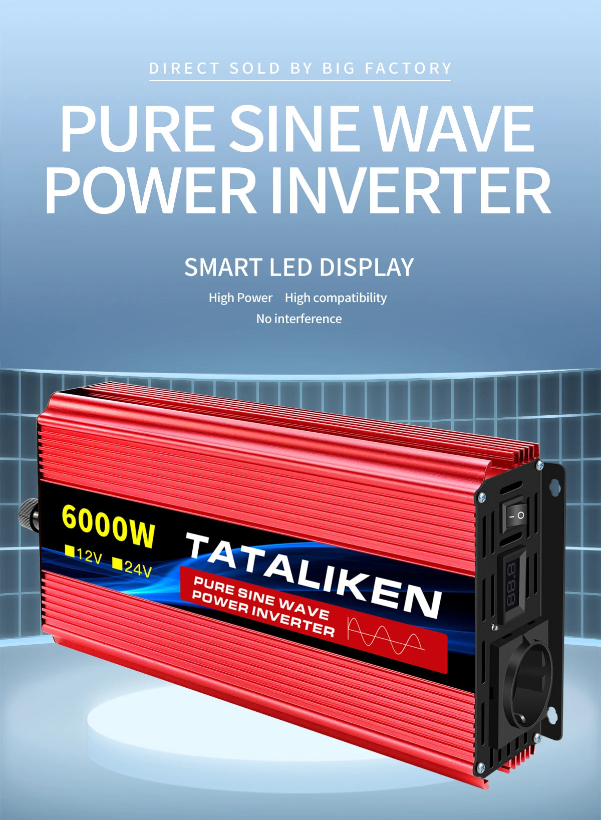 High-power pure sine wave inverter with smart display charges laptops, tablets, and phones without interference.