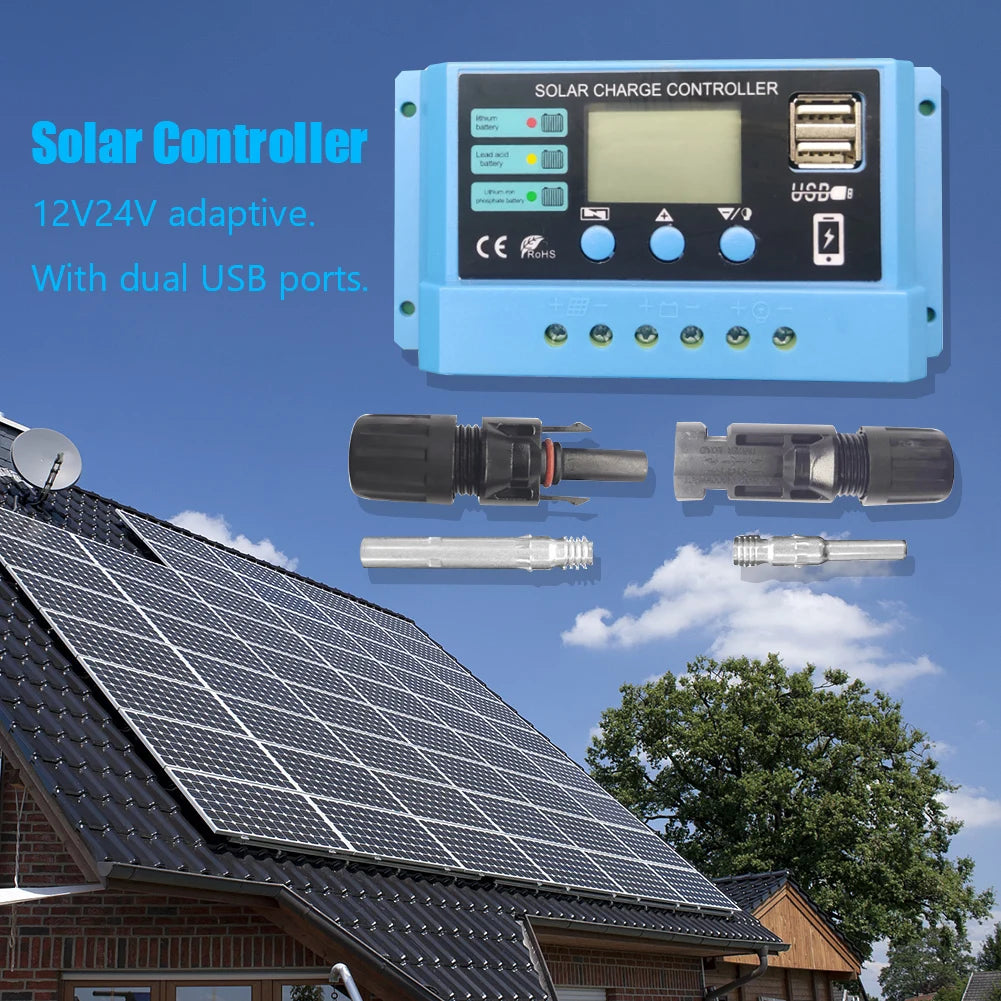 10A 20A 30A  PWM Solar Charge Controller, Regulates solar power, displays info, charges batteries via USB ports, compliant with environmental regulations.