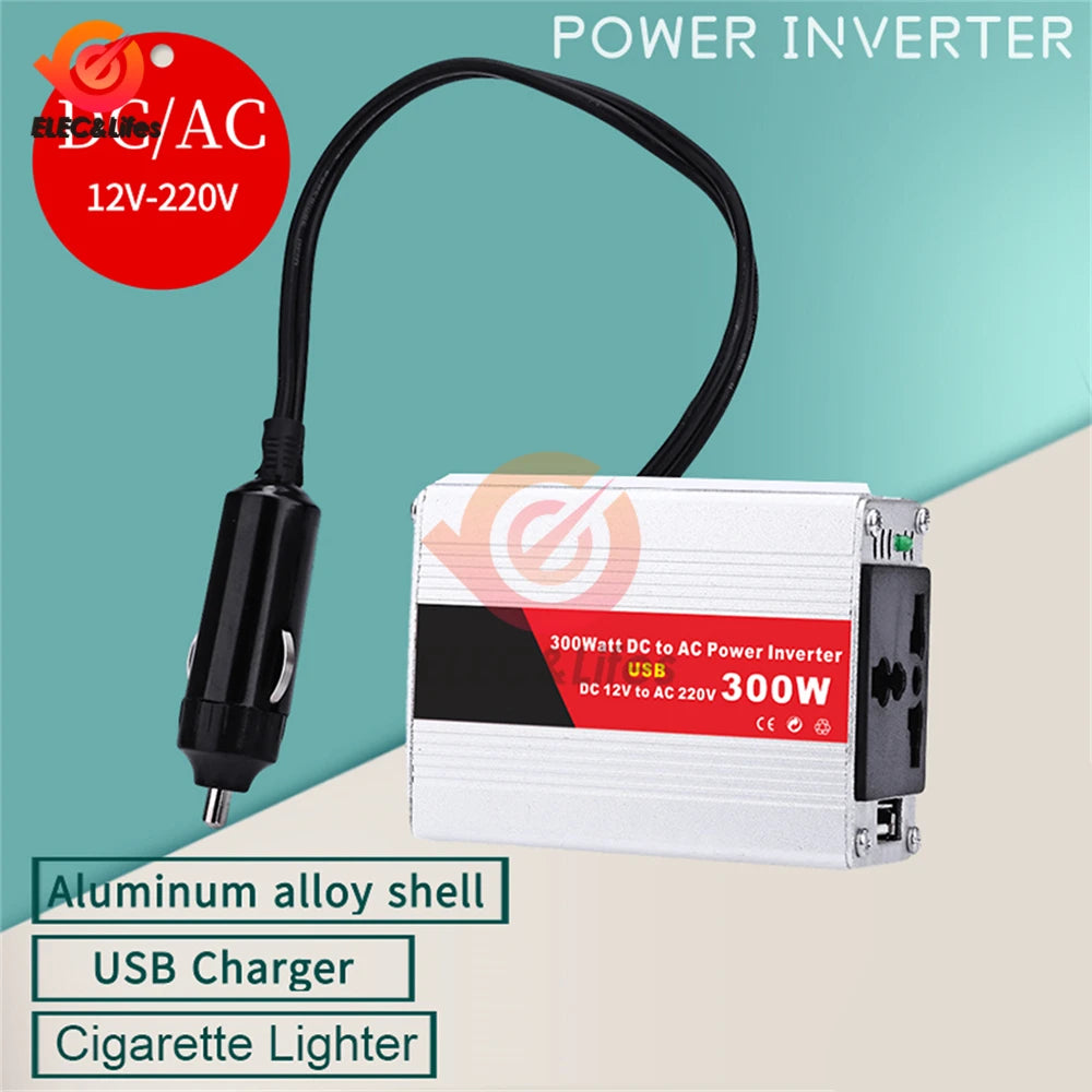 300W Car Power Inverter, Inverter converts DC power to AC power with USB and car charger ports.