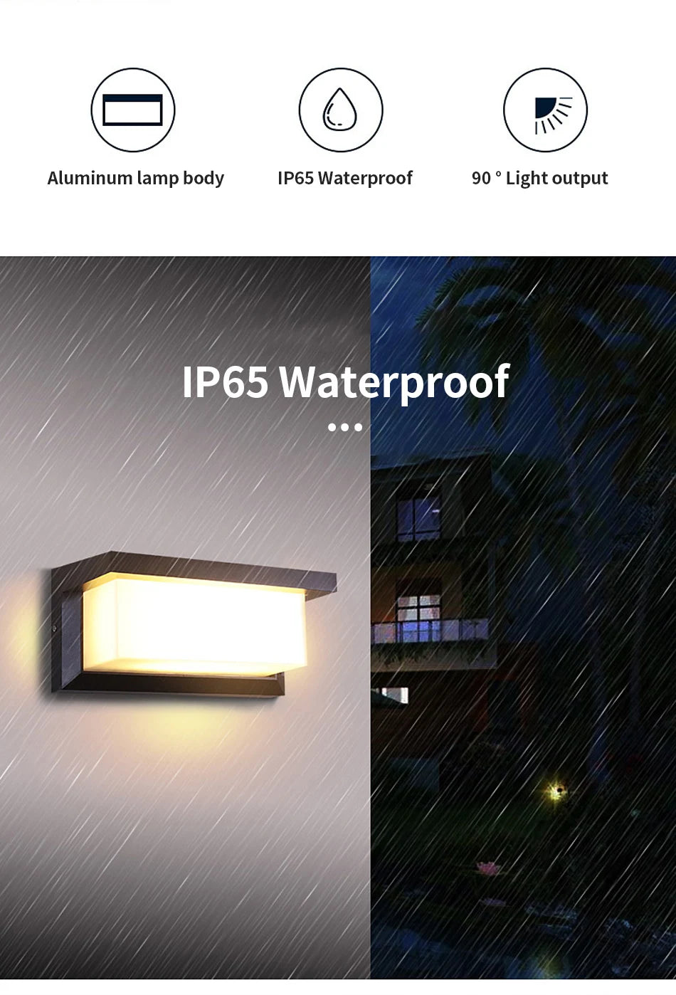 Led Wall Light, Waterproof aluminum lamp with IP65 rating, providing 90-degree light output.