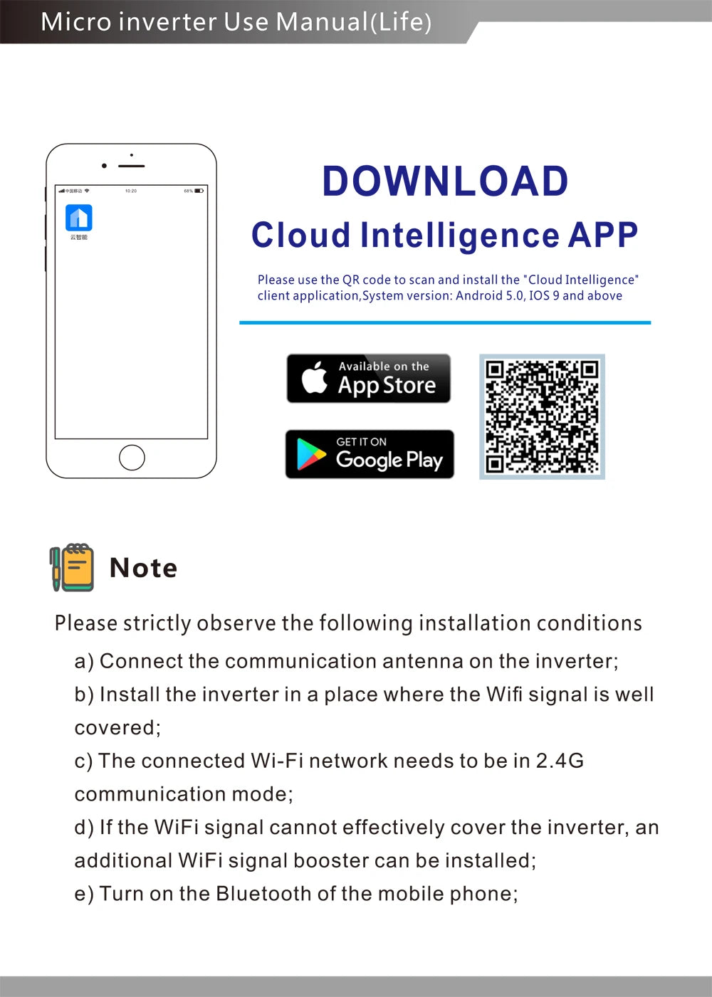 Wireless Micro Inverter, Install Cloud Intelligence app via QR code on Android (5.0+) or iOS (9+) devices.