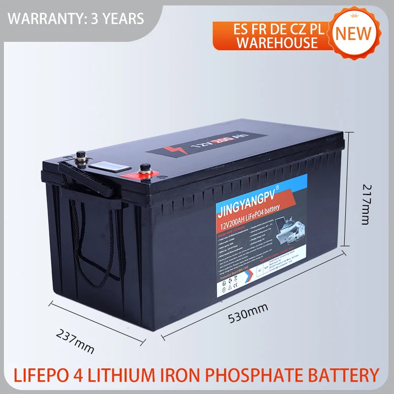 Jingyang 12V 100Ah 200Ah Lithium LiFePO4 Battery, Reliable 12V LiFePO4 battery with three-year warranty for consistent performance and longevity.