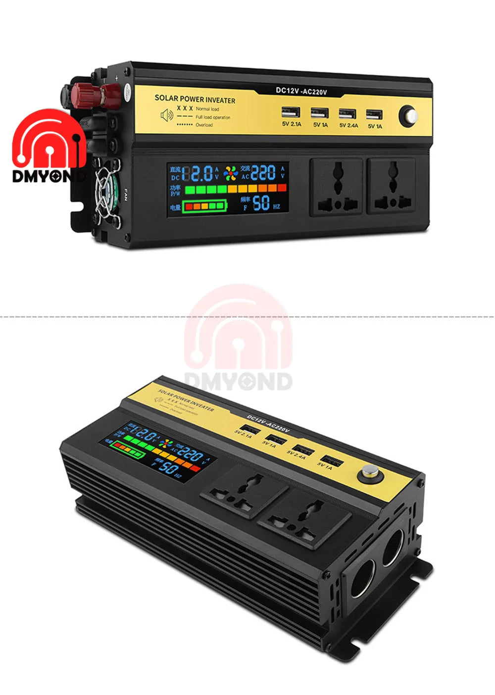 Portable inverter converts DC power to AC, suitable for solar car charging and general use.