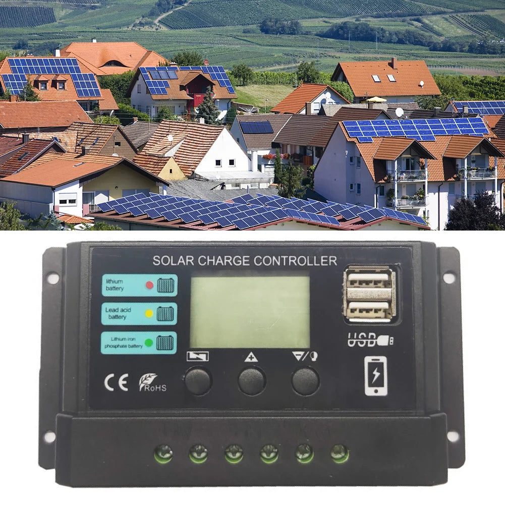 Solar charge controller for lead-acid & lithium batteries with USB ports and adjustable pulse width modulation.