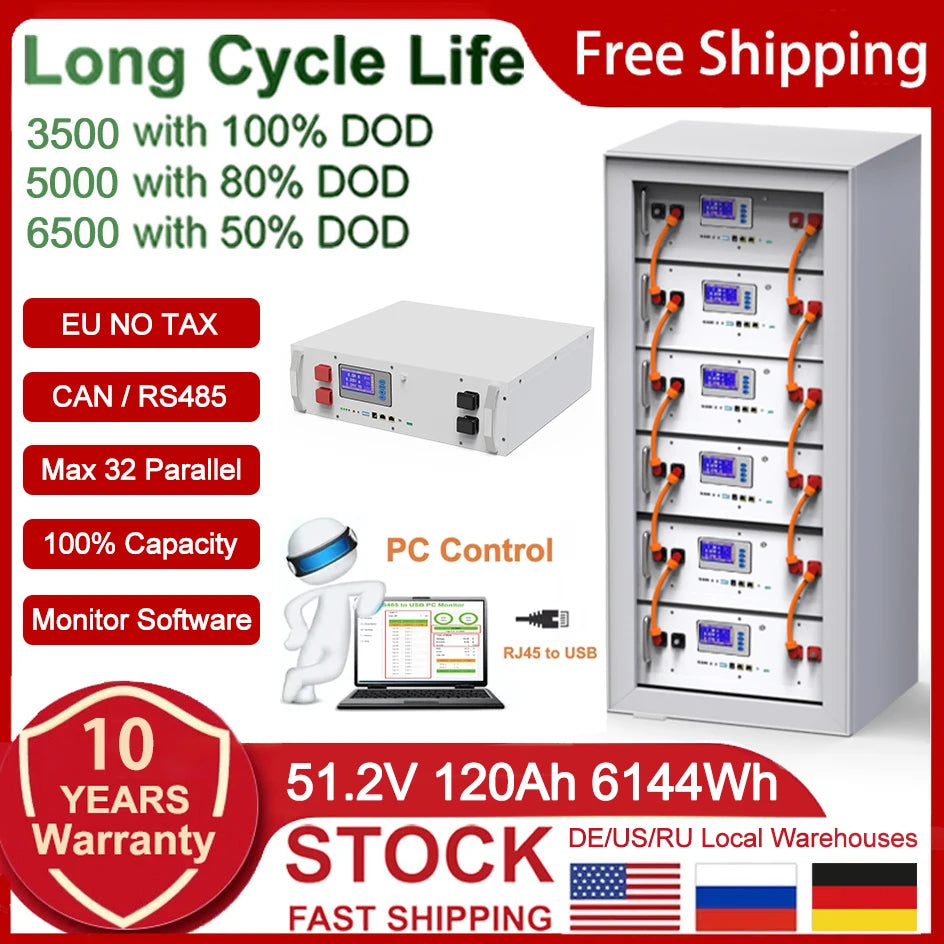 48V LiFePO4 Battery, Long-lasting battery with 10-year warranty and free shipping, suitable for parallel use.