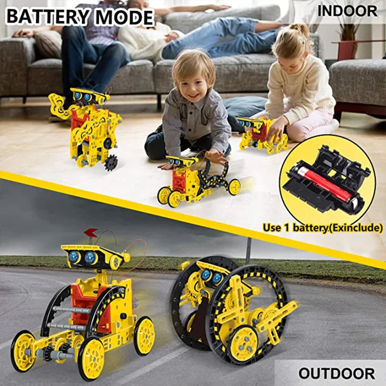 12 in 1 Science Experiment Solar Robot Toy, Solar-powered robot for indoor and outdoor use, includes 1 battery for indoor operation.