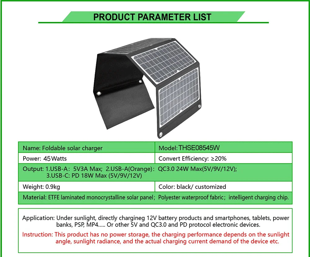 Portable solar charger with monocrystalline panel and multiple output options.